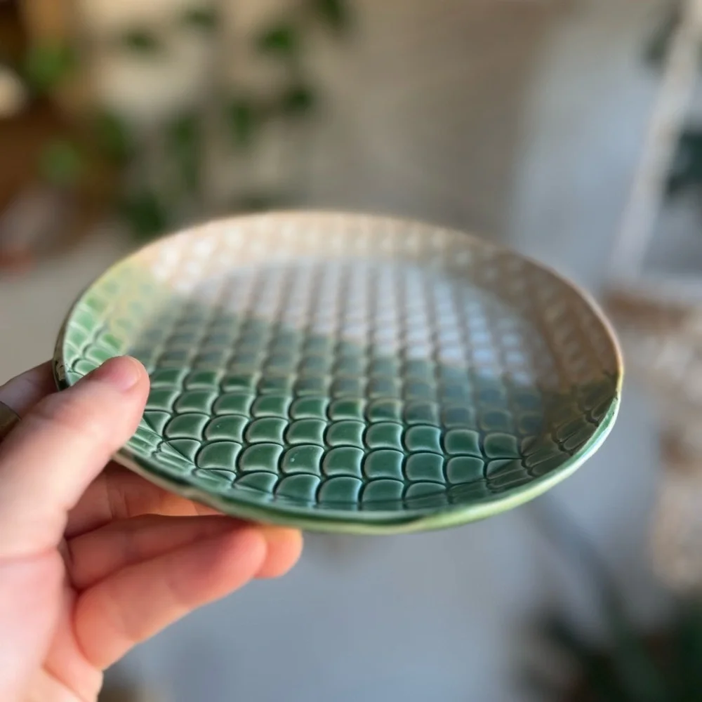 Handmade Green Mermaid Scales Ceramic Plate, 7-Inch Coastal Decorative Dish